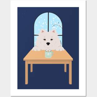 White Samoyed Dog with Winter Window and Hot Chocolate on Table Posters and Art